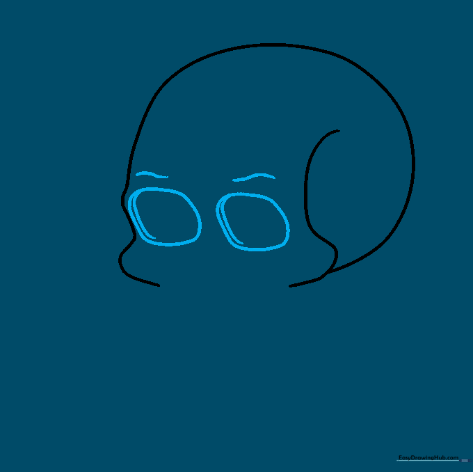 Drawing the two rounded eye sockets and brow ridges on the skull outline.