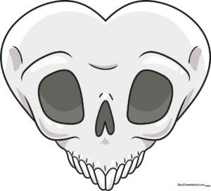 A finished, colored illustration of a stylized skull heart, perfect for Halloween art projects.