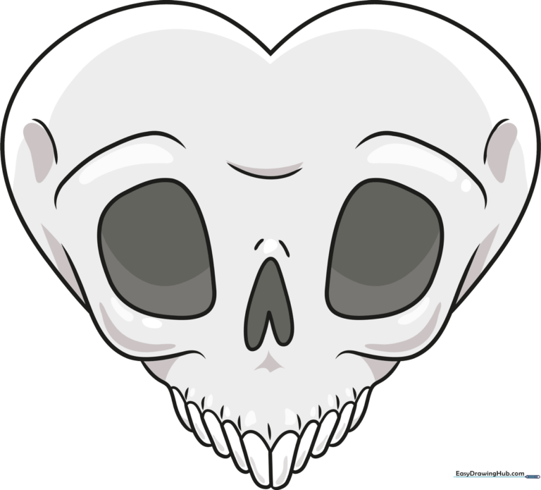 A finished, colored illustration of a stylized skull heart, perfect for Halloween art projects.
