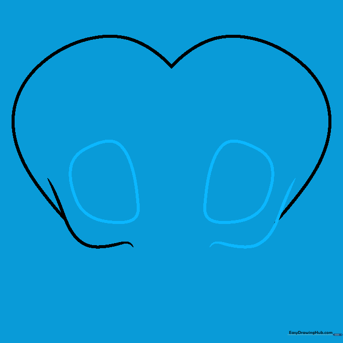 Drawing of a heart-shaped skull outline with two rounded rectangular eye sockets added.