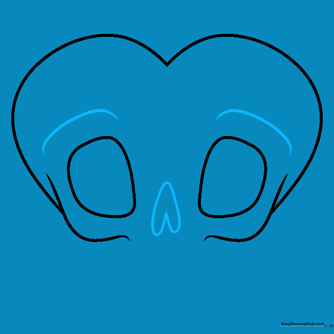 Skull heart drawing with an added inverted heart-shaped nose and brow ridge lines above the eyes.