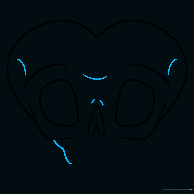 Skull heart sketch with added jawline contour and structural lines on the lower left side.