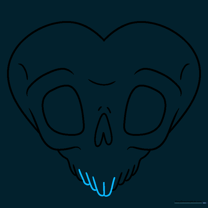 Skull heart drawing with completed jawline and finger-shaped teeth on the left side.