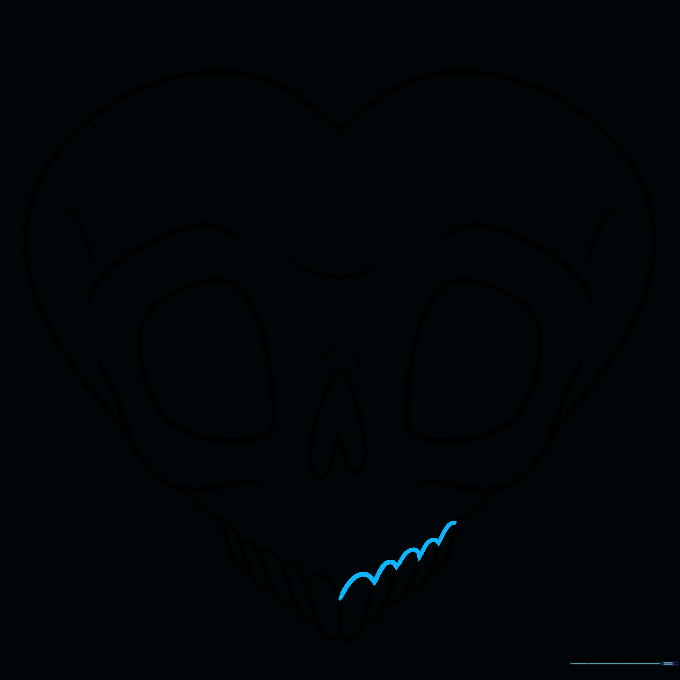 Skull heart drawing with completed teeth arches on both the left and right sides.