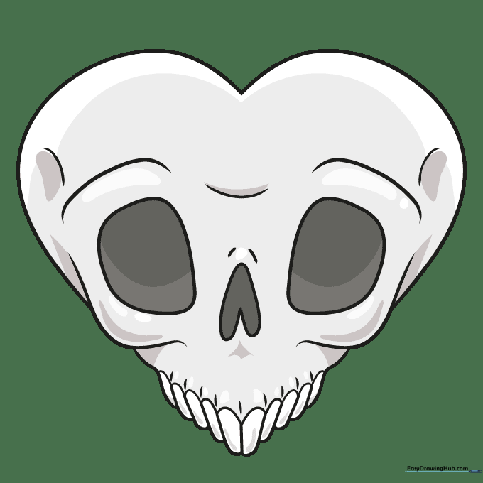 Finished skull heart drawing colored with gray shading and dark eye sockets.