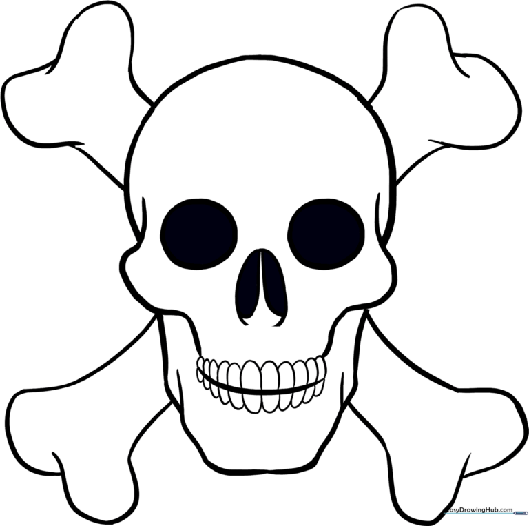 A finished, high-contrast illustration of a cartoon skull and crossbones.
