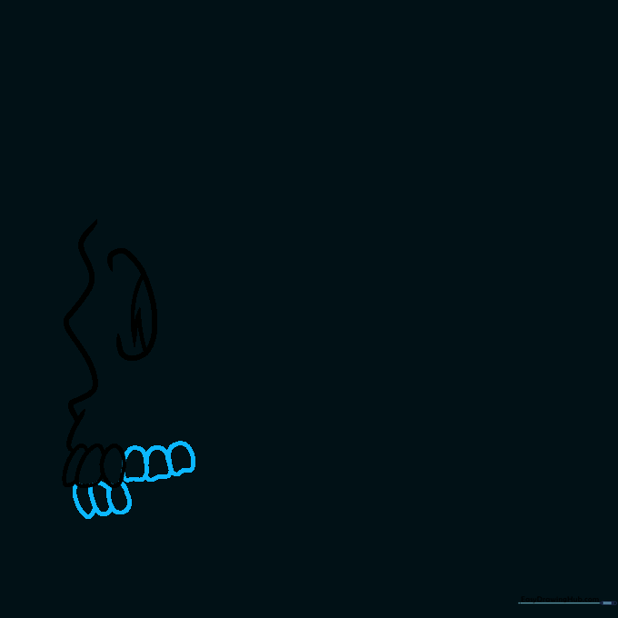 Sketching the lower row of teeth with flattened bottom edges.