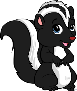 A colorful, finished cartoon skunk illustration designed for kids.