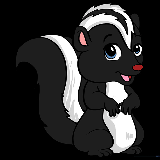 The finished, colored cartoon skunk drawing.