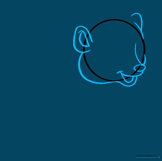 Pencil outline showing the ears, cheeks, and nose structure of a skunk.