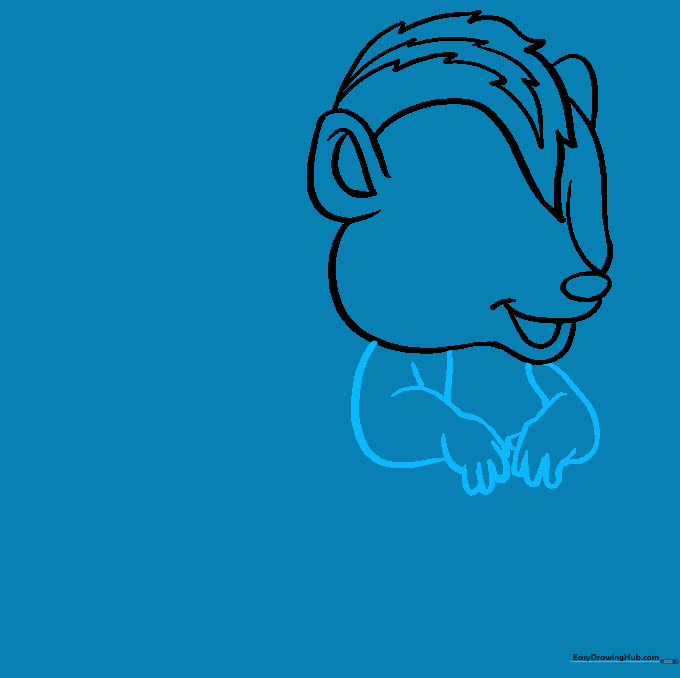 Drawing the arms and small hand details of the skunk.