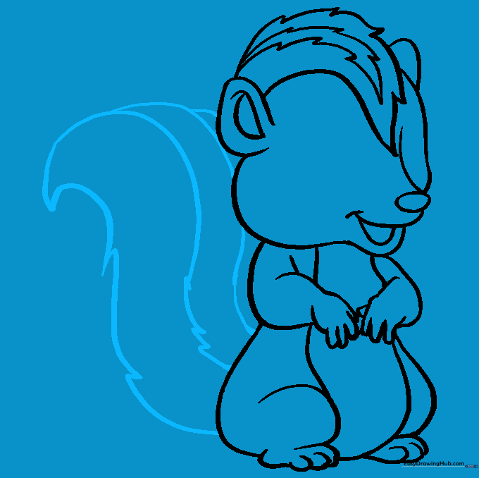 Sketching the large, fluffy tail with a stripe pattern.