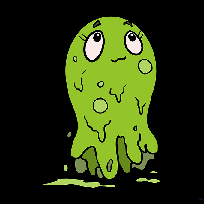 The completed slime drawing, fully colored in vibrant green with shading and highlights.