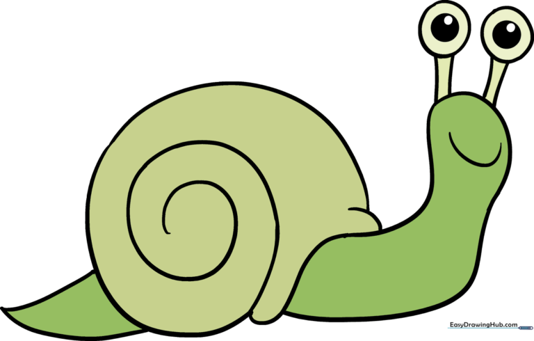 A colorful, finished drawing of a happy snail in a garden setting.
