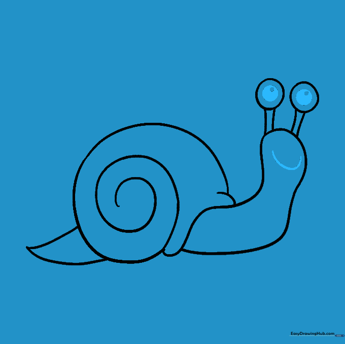 The snail now has pupils in its eyes and a smiling mouth.