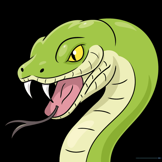 A fully colored, vibrant green snake face drawing.