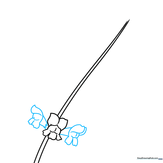 Drawing showing two additional snapdragon flowers added to the sides of the main stem using zigzag and curved lines.