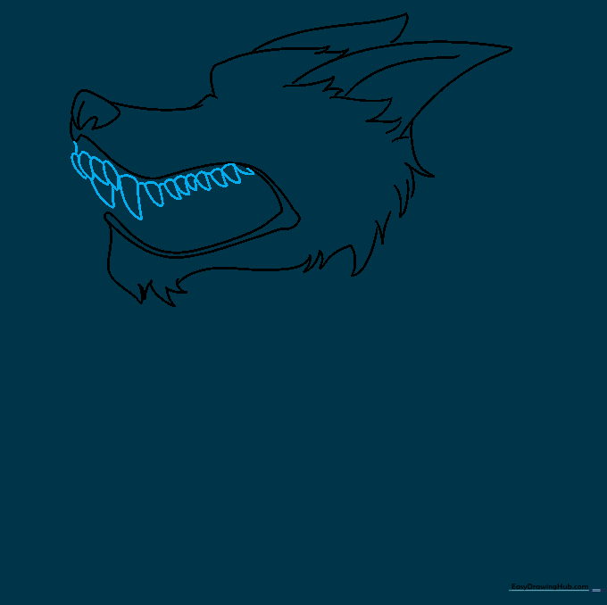 Upper row of wolf teeth drawn as rounded triangles within the open mouth.