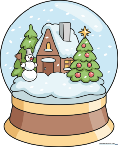A colorful, finished snow globe drawing featuring a snowman, cottage, and pine trees.
