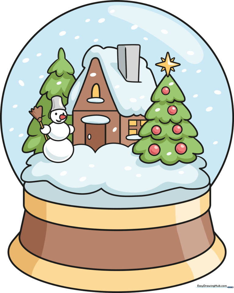 A colorful, finished snow globe drawing featuring a snowman, cottage, and pine trees.