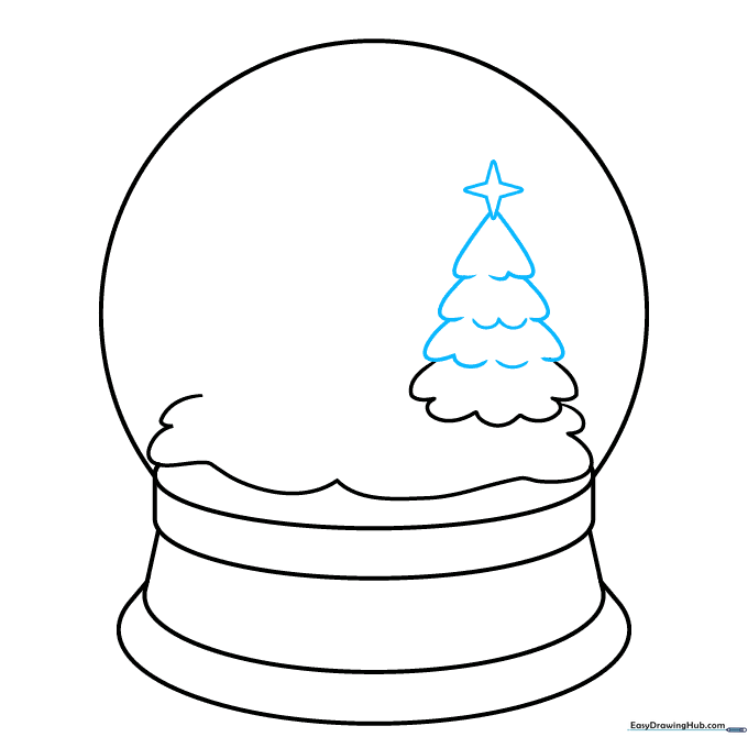A simple Christmas tree made of jagged triangles topped with a star inside the snow globe.