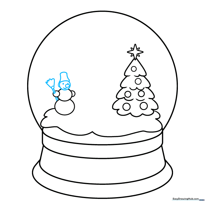 Snowman with a bucket hat, carrot nose, and broomstick inside the globe.