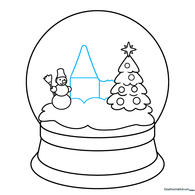 A small cottage with a snow-covered roof drawn behind the snowman.