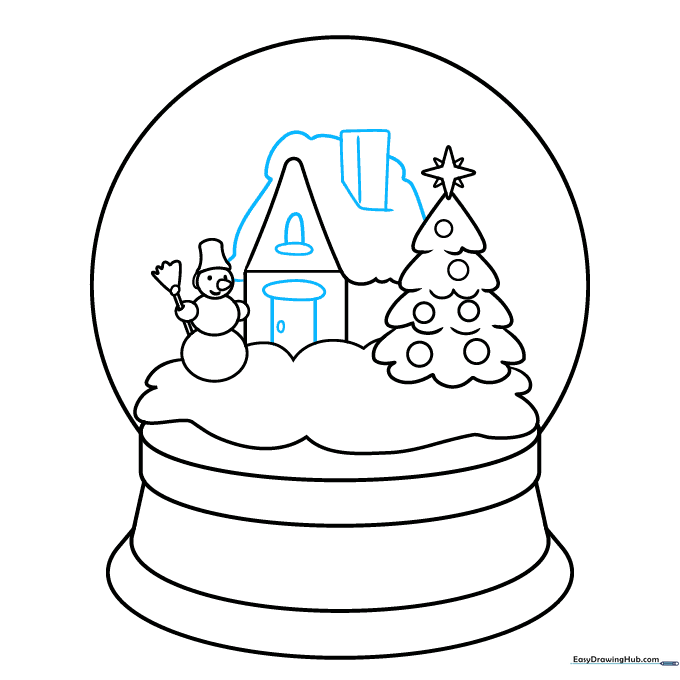 Cottage with a door, chimney, and snowdrifts added to the scene.