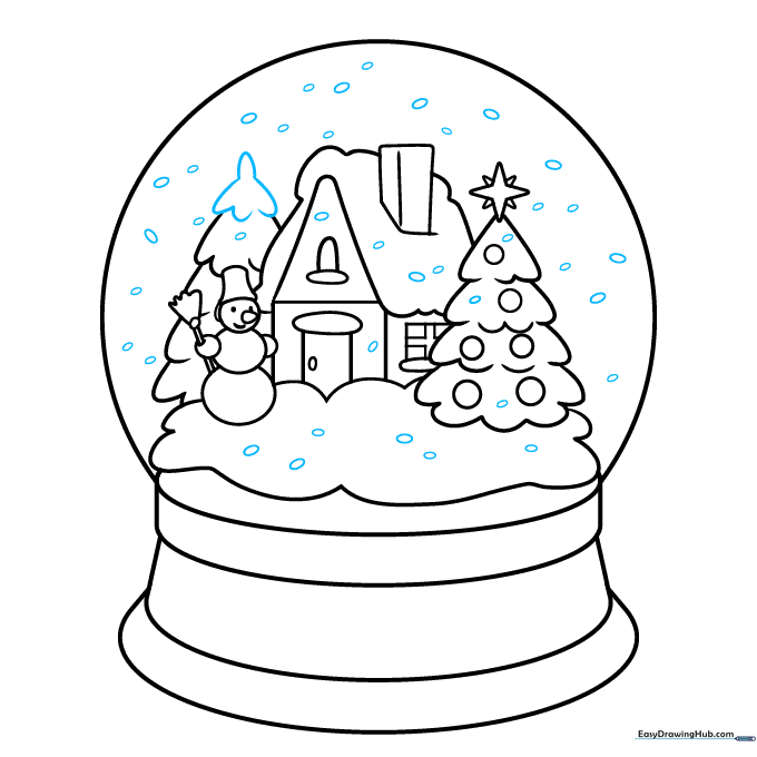Completed snow globe outline with falling snow represented by small ovals.