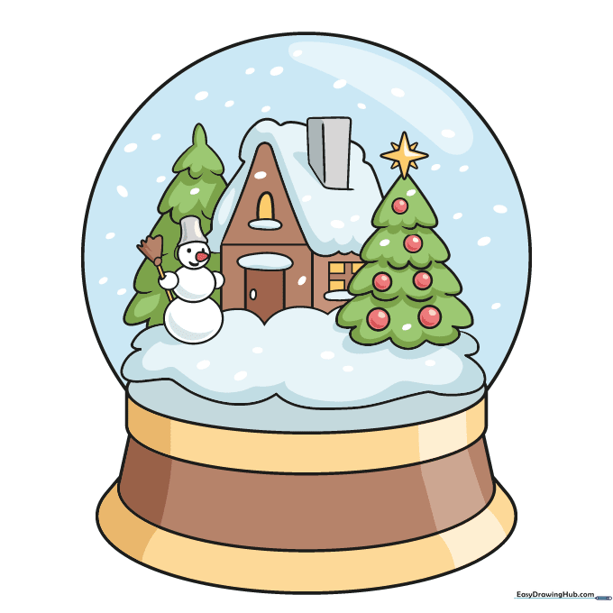 Fully colored snow globe drawing with blue glass tones and brown base.