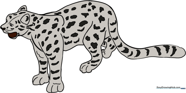 A completed, vibrant illustration of a snow leopard in a mountain setting.