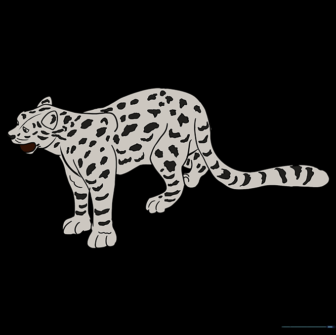 Finished, colored snow leopard drawing with realistic fur patterns.