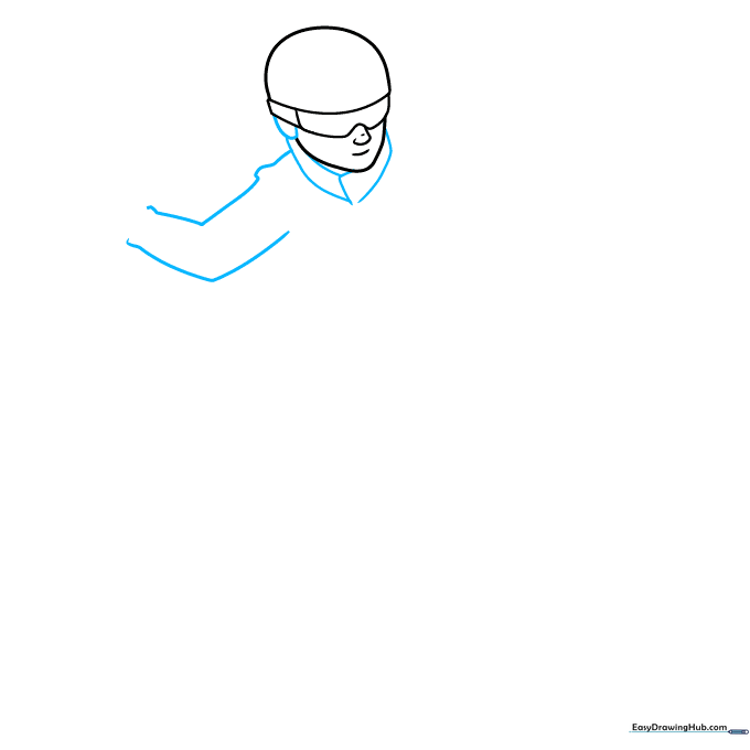 Drawing the torso and arm structure of a snowboarder using simple geometric shapes.