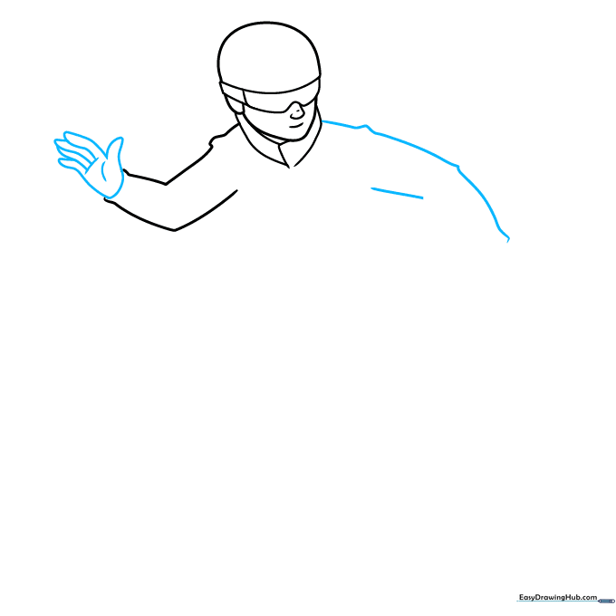 Detailed sketch of a snowboarder's arm and gloved hand reaching out.