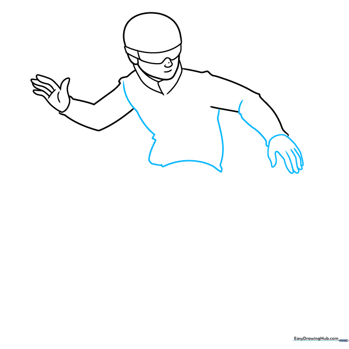 Sketching the torso and arms of the snowboarder to show a dynamic posture.