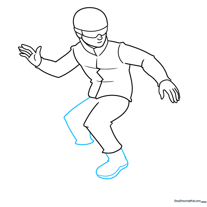 Drawing the legs and bulky snow boots of the snowboarder character.