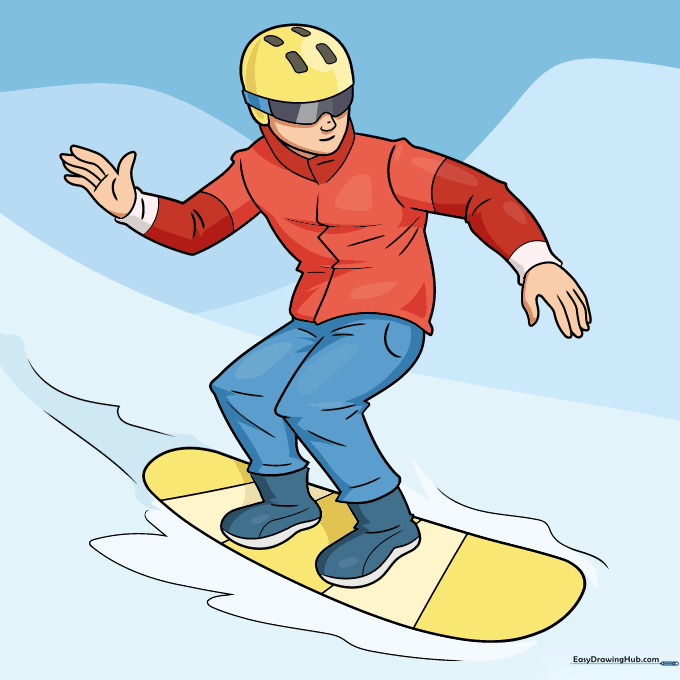 A fully colored, vibrant illustration of a snowboarder in action.