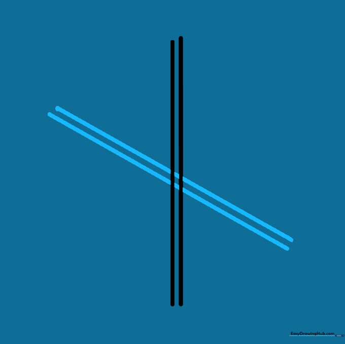 Adding two diagonal lines crossing the vertical lines to form the base structure of a snowflake.