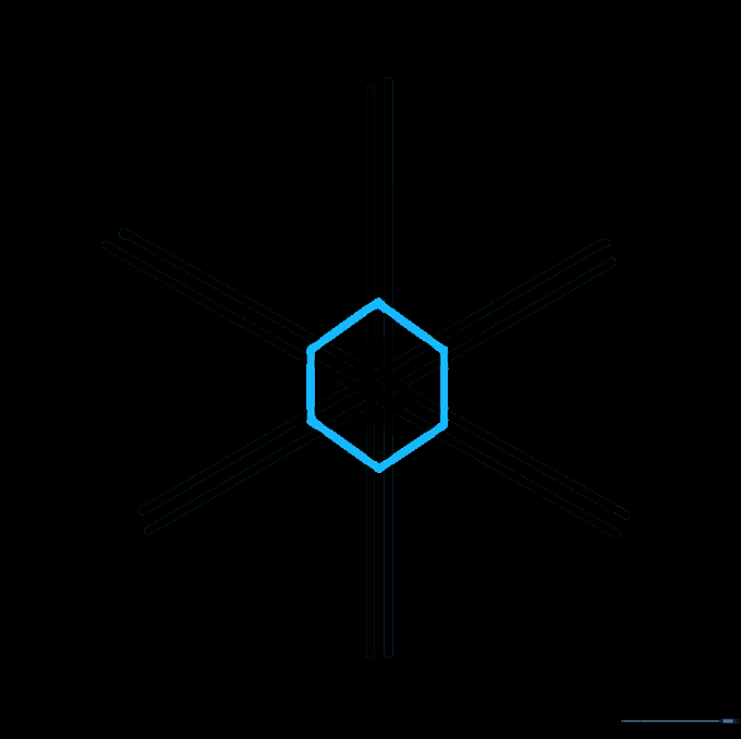 A small hexagon drawn in the center of the intersecting lines.