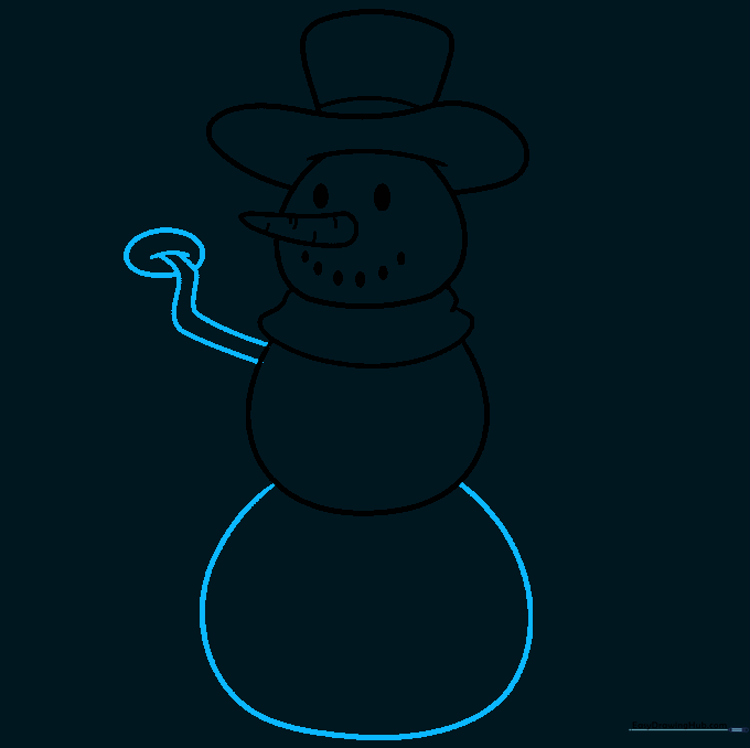 Sketching the large base of the snowman and the first stick arm with a mitten.