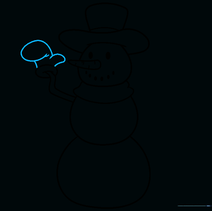 Close-up detail of the snowman's mitten with thumb and finger outlines.