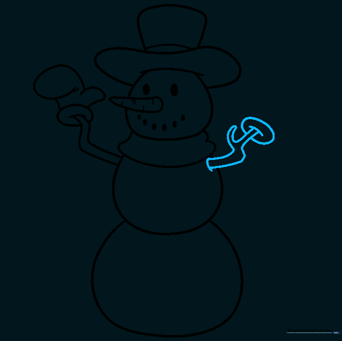 Adding the second twig arm to the snowman's body.