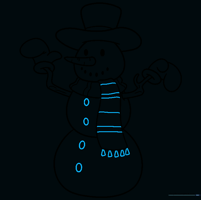 Adding scarf tassels and coal buttons to the snowman's chest.