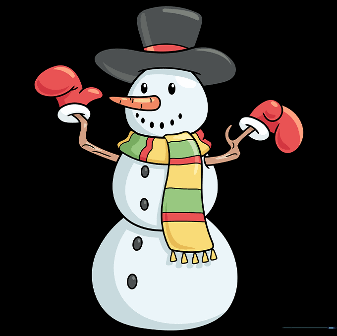 A fully colored, cheerful cartoon snowman with a hat, scarf, and buttons.