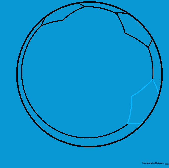 A third pentagon panel added to the soccer ball drawing.