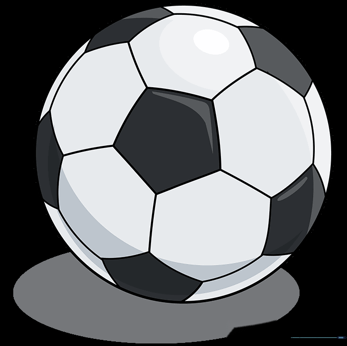 The completed soccer ball drawing, colored with black pentagons and white hexagons.