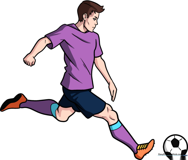 A colorful, finished drawing of a cartoon soccer player ready for a match.