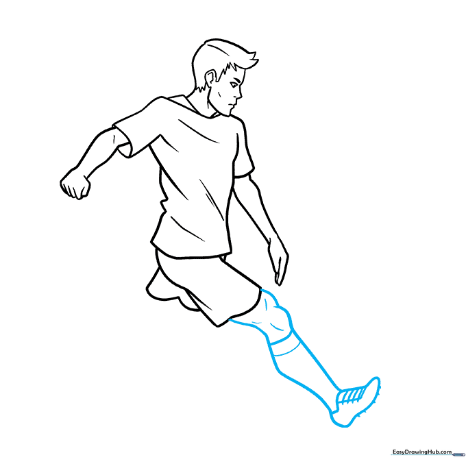 Drawing the first leg, sock, and soccer cleat with spike details.