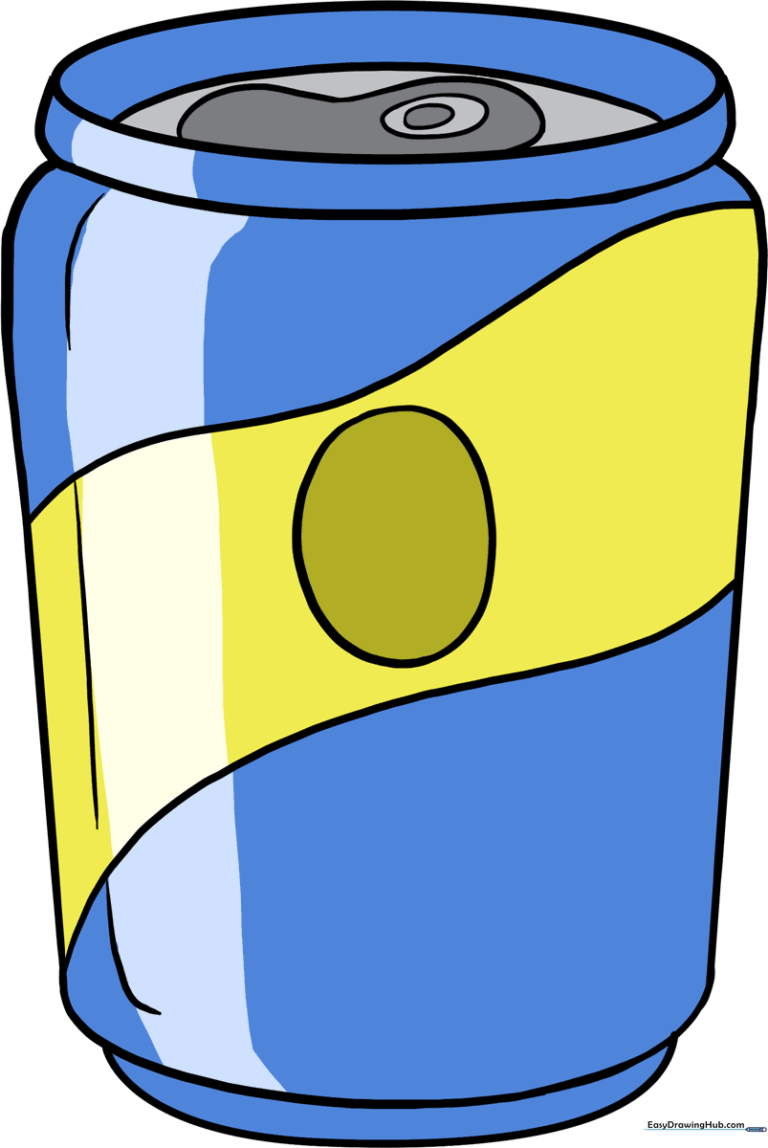 A vibrant, finished drawing of a soda can, perfect for kids to use as a reference.