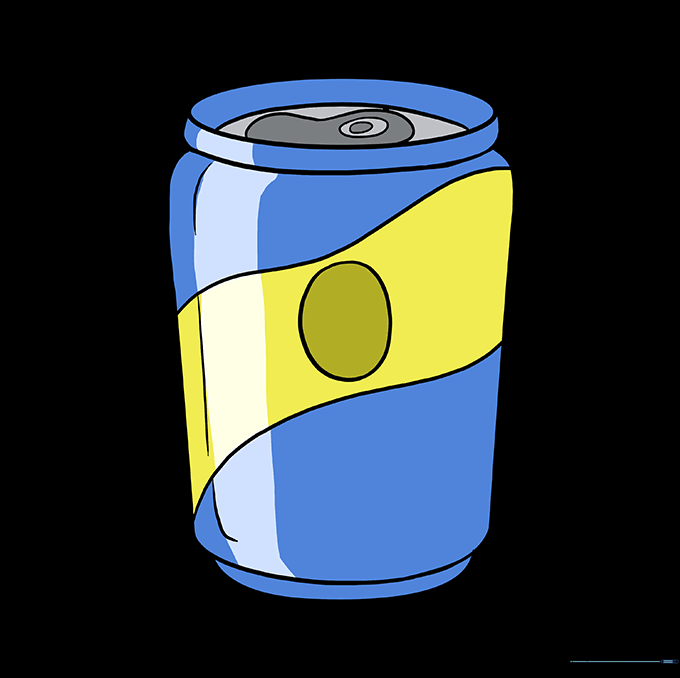 A fully colored soda can drawing with bright colors and highlights.